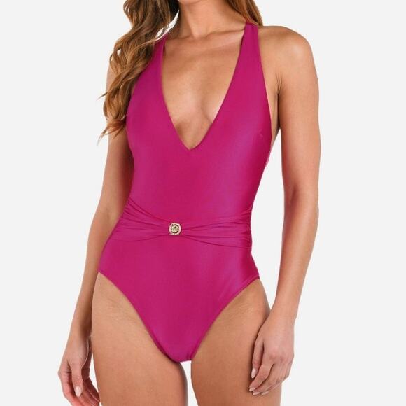 L'Agence Shimmer Solids Lisa Plunge One-Piece Swimsuit Fuchsia  Small NEW - Picture 1 of 10